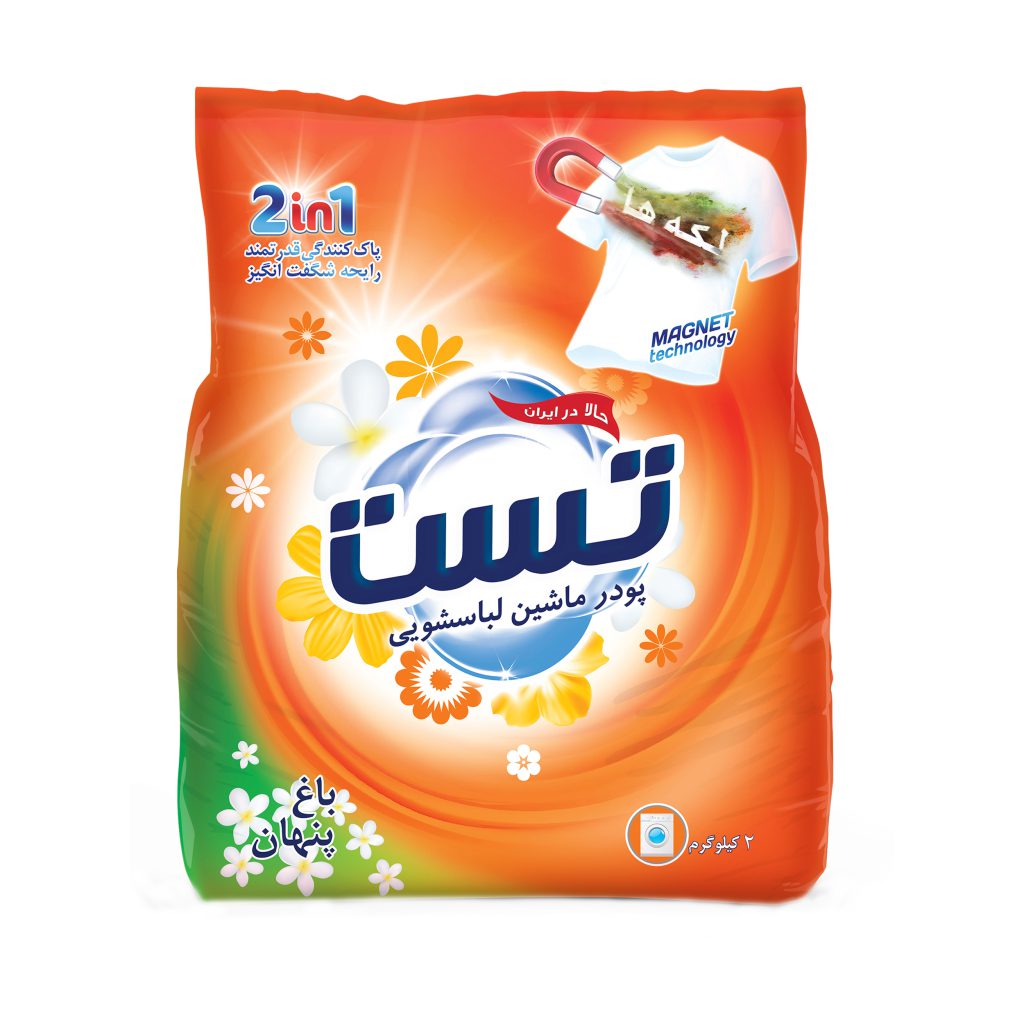 بسته‌بندی پودر ماشین لباسشویی تست باغ پنهان وزن 4000 گرم